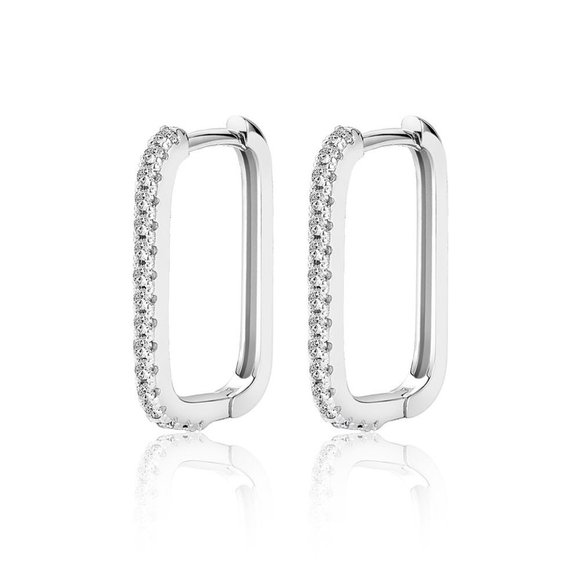 1.8 mm Moissanite Diamond Pave Rectangular Huggie Hoop Earrings NEW - Picture 3 of 11